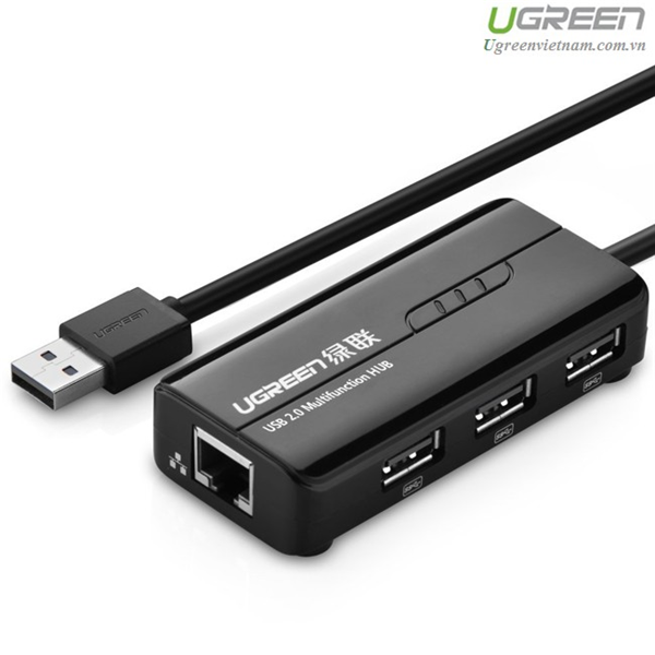 Bộ Chia Ugreen CR1033 Cổng USB 2.0 K&#232;m Cổng Mạng Ethernet 10/100Mbps (20264) GK
