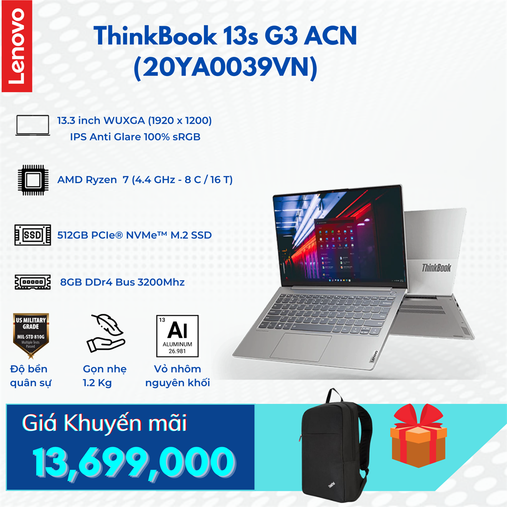 Lenovo ThinkBook 13s G3 ACN (20YA0039VN) | AMD Ryzen™ 7 5800U | 8GB | 512GB SSD PCIe | Radeon™ Graphics Vega | 13.3 inch WUXGA IPS 100% sRGB | Win 11 | Finger | LED KEY
