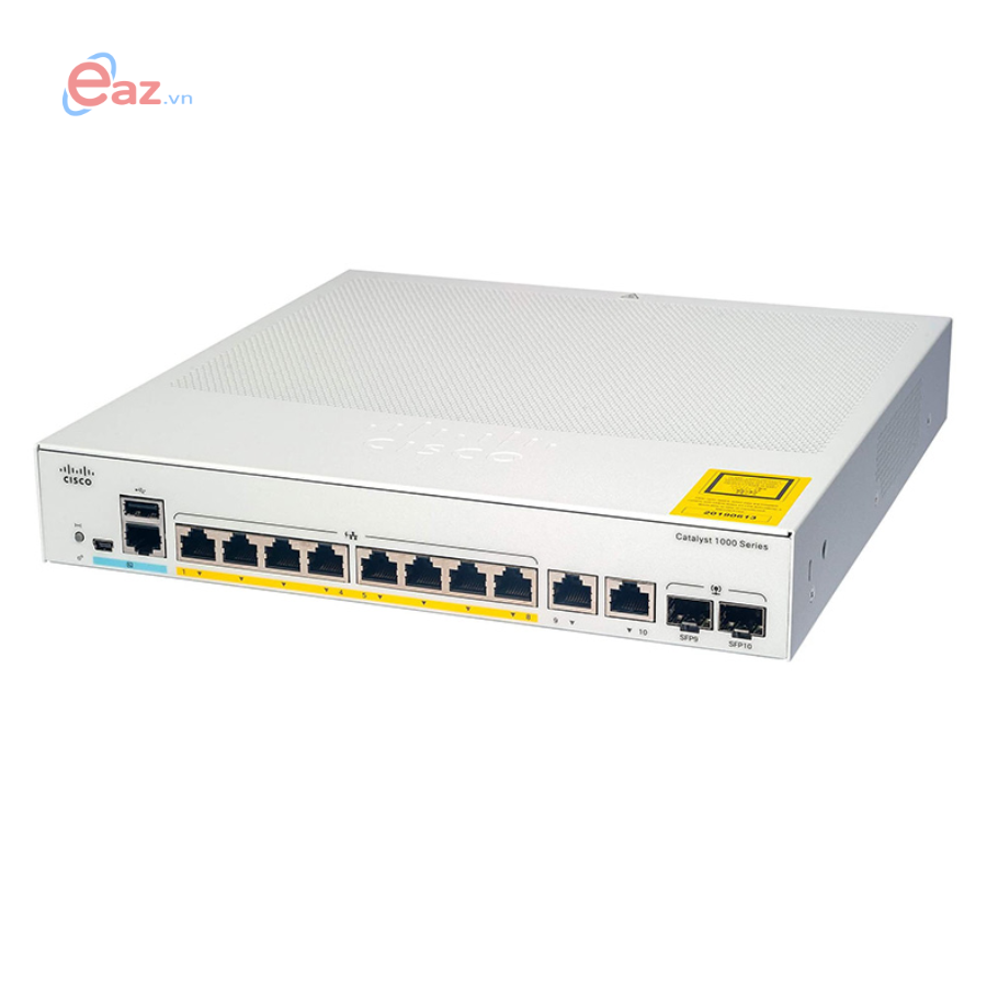 Switch Cisco 1000 | C1000-8FP-2G-L | 8 port 10/100/1000 PoE+ 120W, 2 port 1G SFP/RJ45 uplink, LAN Base