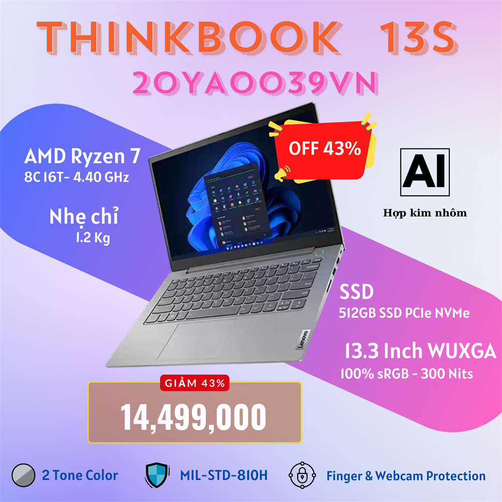 Lenovo ThinkBook 13s G3 ACN (20YA0039VN) | AMD Ryzen™ 7 5800U | 8GB | 512GB SSD PCIe | Radeon™ Graphics Vega | 13.3 inch WUXGA IPS 100% sRGB | Win 11 | Finger | LED KEY