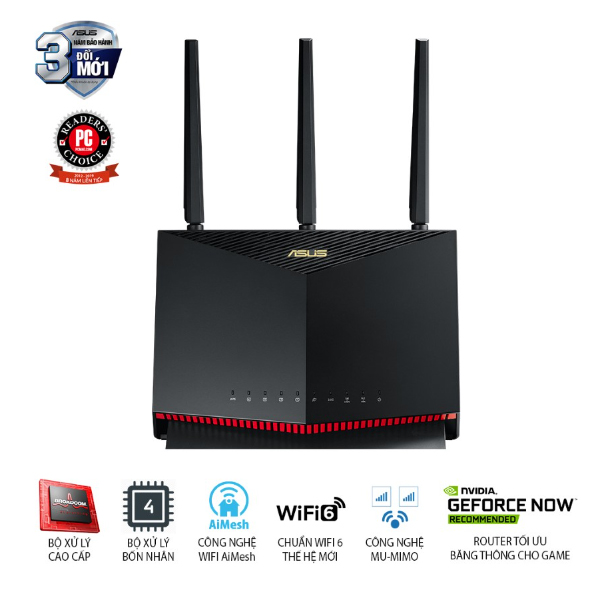 Bộ ph&#225;t wifi 6 Asus RT-AX86U Pro (Chuẩn AX/ AX5700Mbps/ 3 Ăng-ten ngo&#224;i/ Wifi Mesh/ Dưới 80 User | 1124P